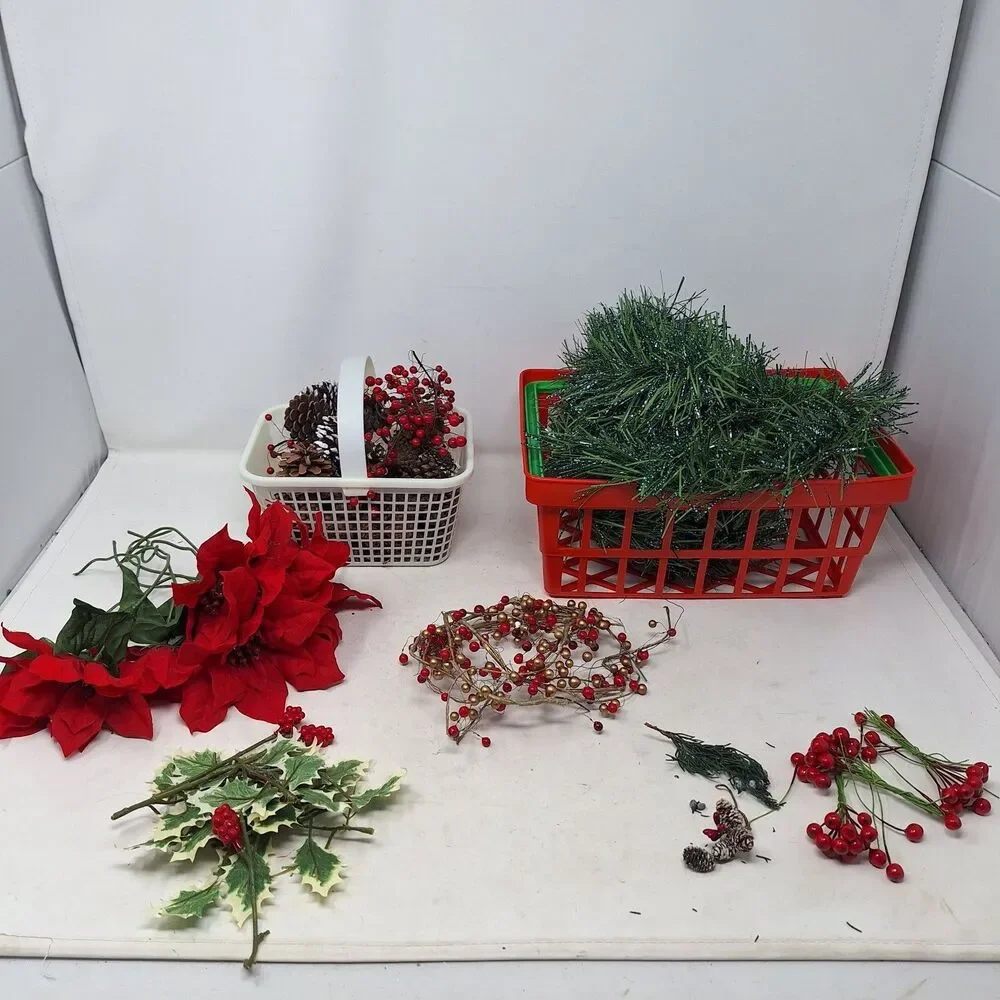 Christmas Garland Topiary Floral Bundle Berry Poinsettia Pinecone With Baskets